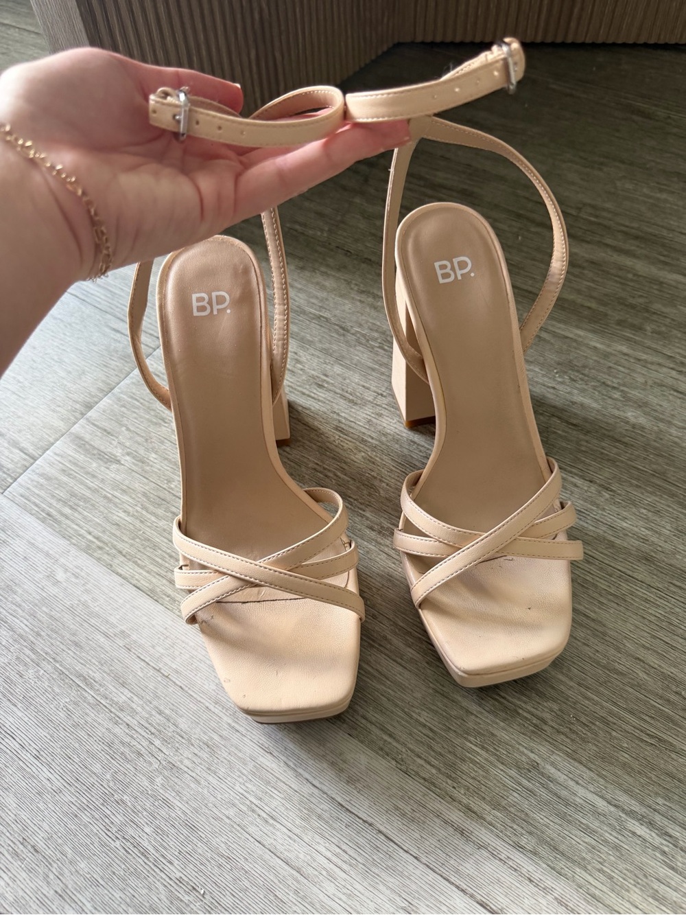 bp Beige Nude Crisscross Ankle-Strap Block Heels